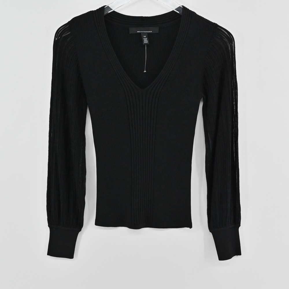 White House Black Market Sheer Sleeve V-Neck Sweater Womens Size XS Black Ribbed